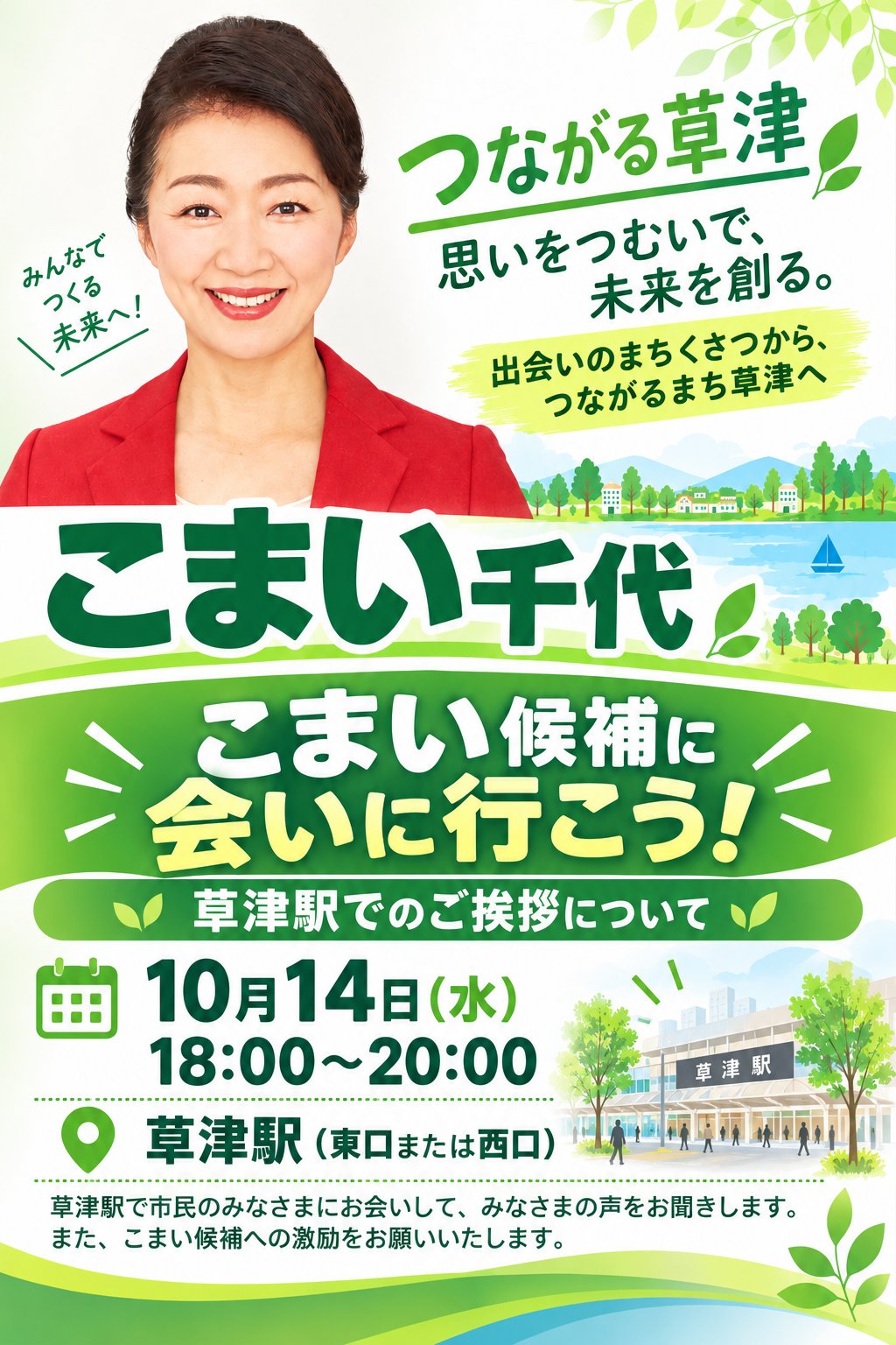 こまい候補に会いに行こう!草津駅でのご挨拶について。10月14日(水)18:00〜20:00、草津駅(東口または西口)。草津駅で市民のみなさまにお会いして、みなさまの声をお聞きします。また、こまい候補への激励をお願いいたします。
