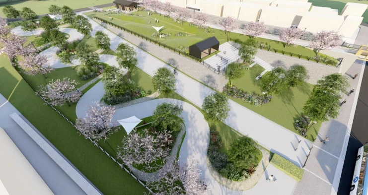 草津川跡地公園区間6のイメージ図。曲線の園路と桜、芝生の広場、休憩スペースを上から見た図。