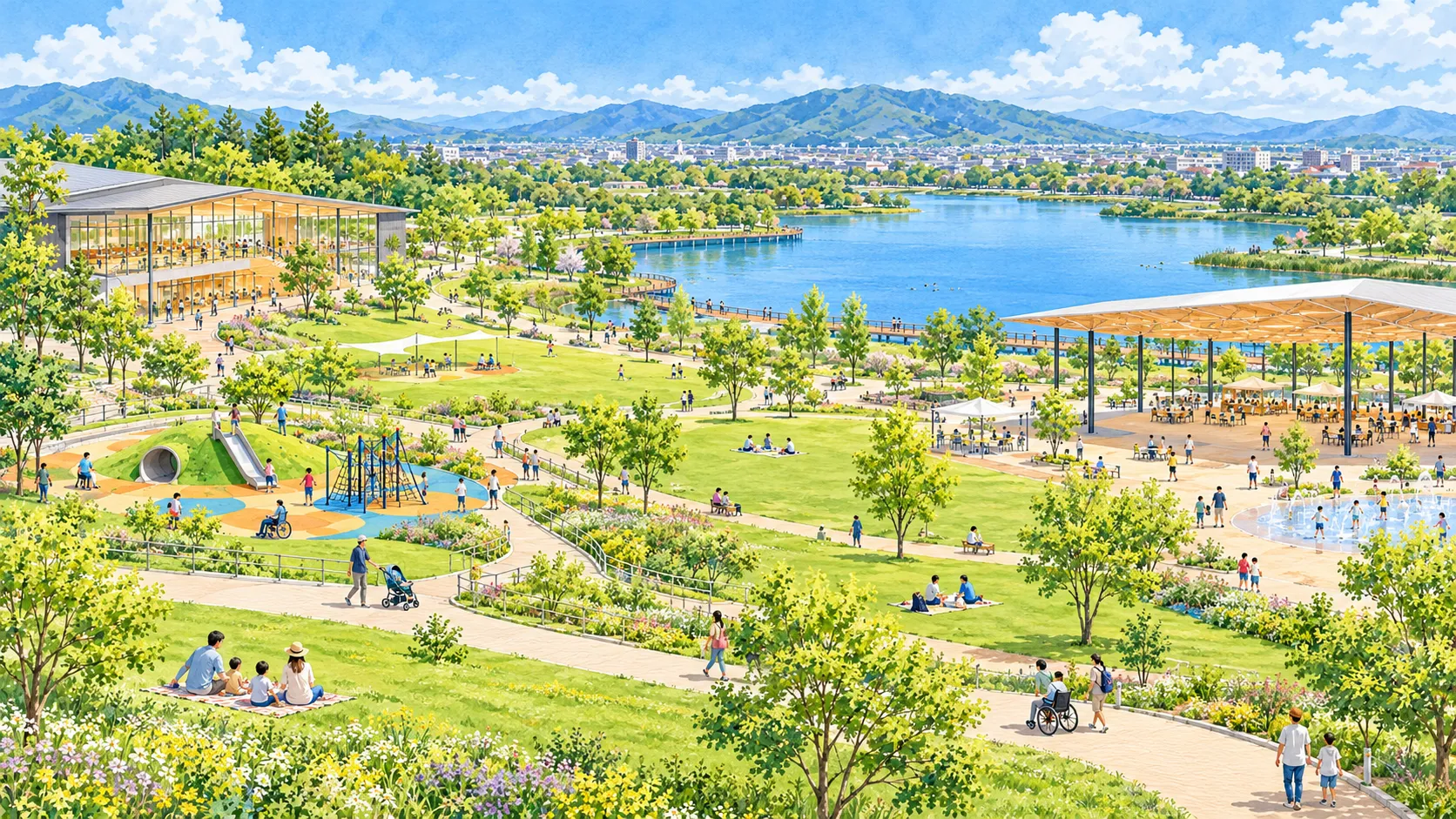 ロクハ公園整備のイメージ図。湖を望む芝生の広場で、家族や子ども、車いすの人など、さまざまな人が過ごしている。